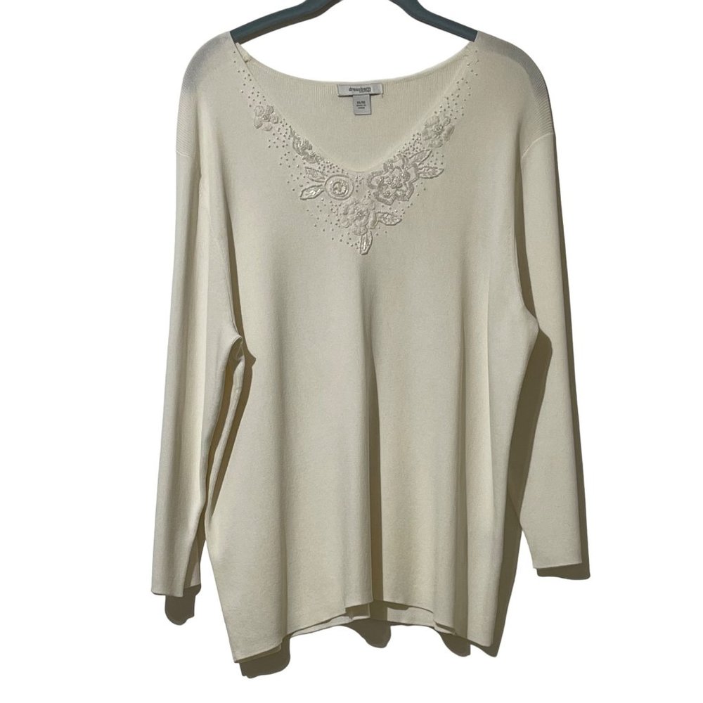 Dressbarn size 14/16 ivory v neck embroidered beaded pearls long sleeve sweater